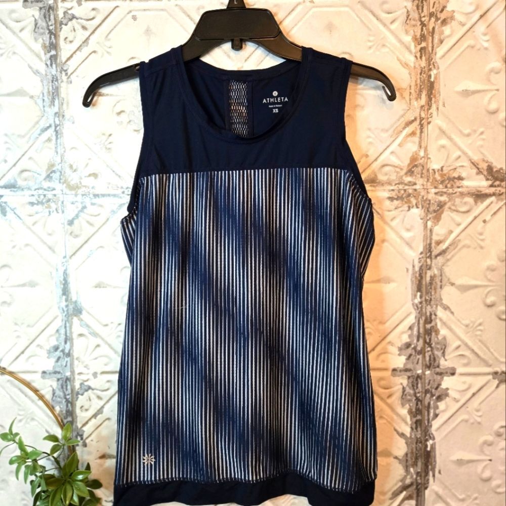 Athleta Navy and White Striped Tank Top Mobilized Mesh Vintage Active To…